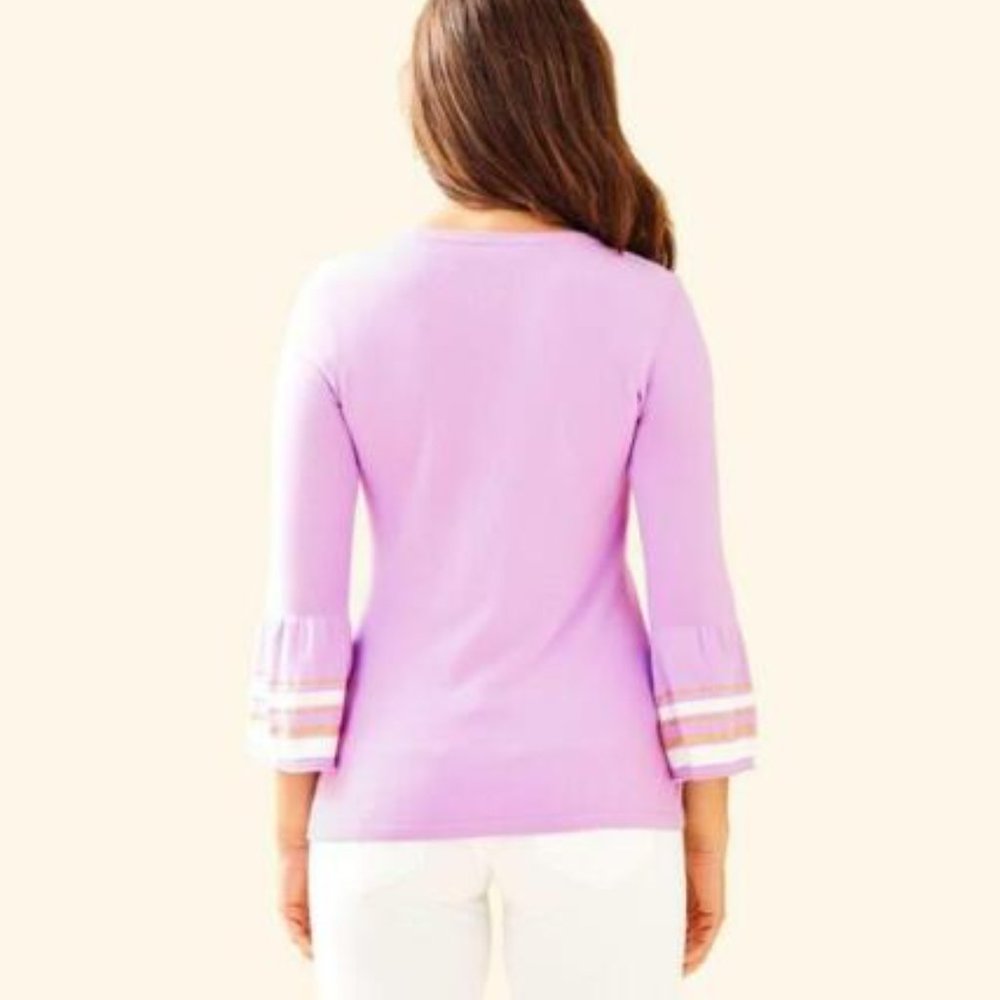 Lilly Pulitzer Callee Sweater Lilac Fressia Purple Pullover Gold White Buttons L - Picture 3 of 16